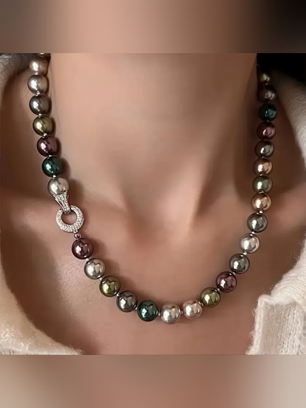 Multicolor Pearl Strand Necklace With White Rhodium Pave Clasp